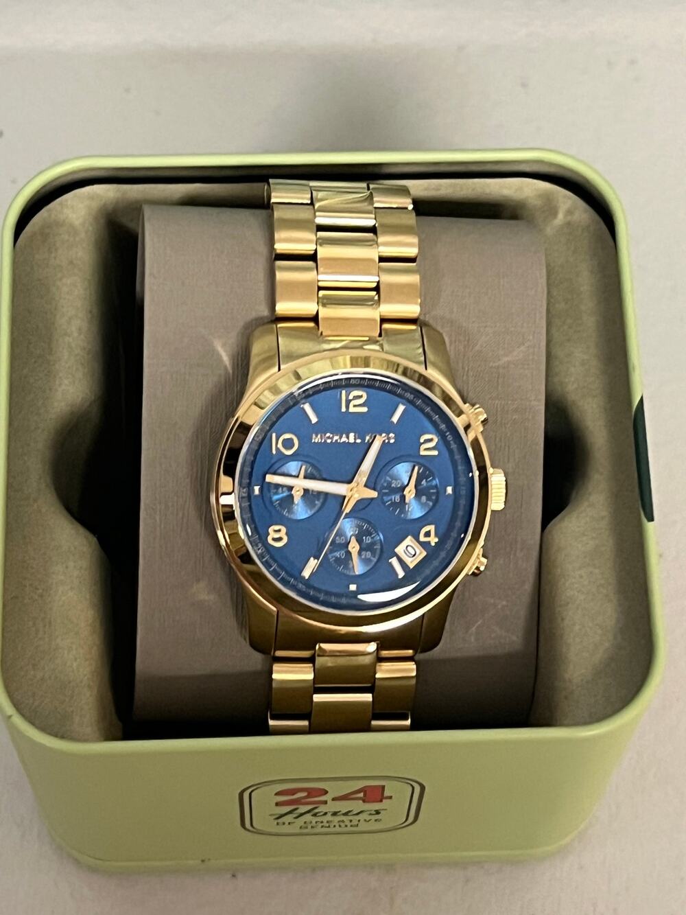 Michael Kors MK7353 Runway Ladies Gold Chronograph 38mm Blue Steel Watch